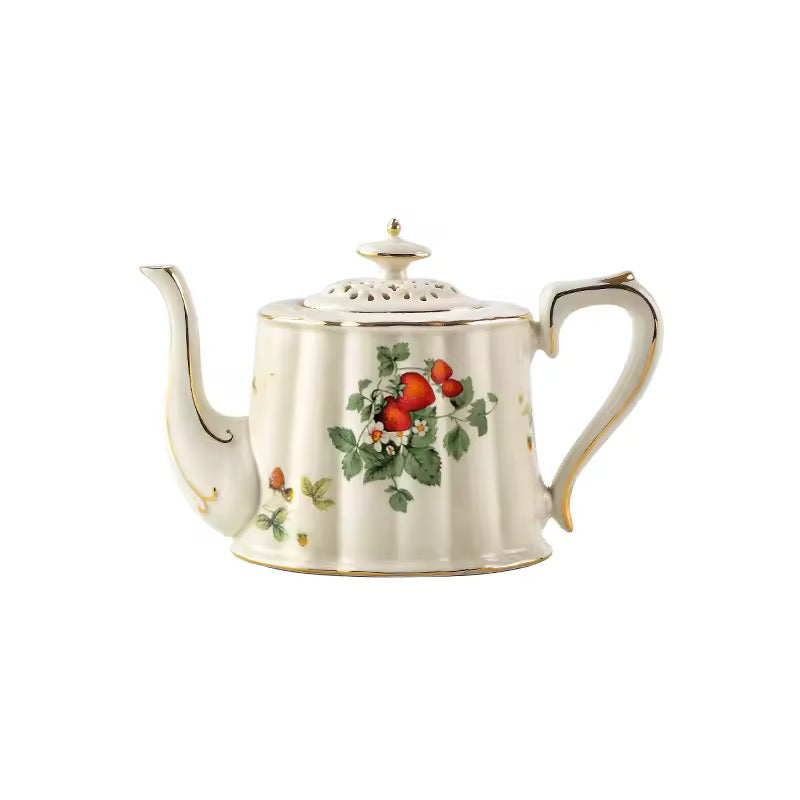 Elegant Strawberry Porcelain Tea Set – Teapot with 2 Cups & Saucers