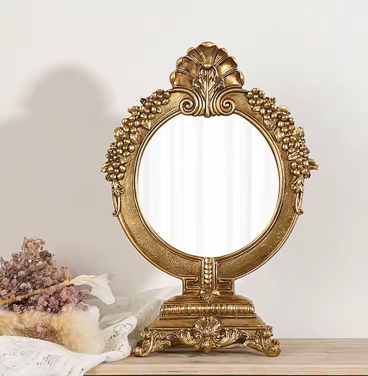 Vintage Gold Makeup Desk Mirror – Elegant Dressing Table Accent