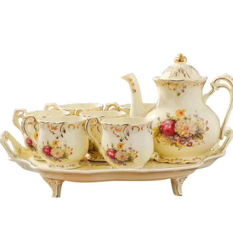 Vintage Floral Porcelain Tea Set with Serving Tray