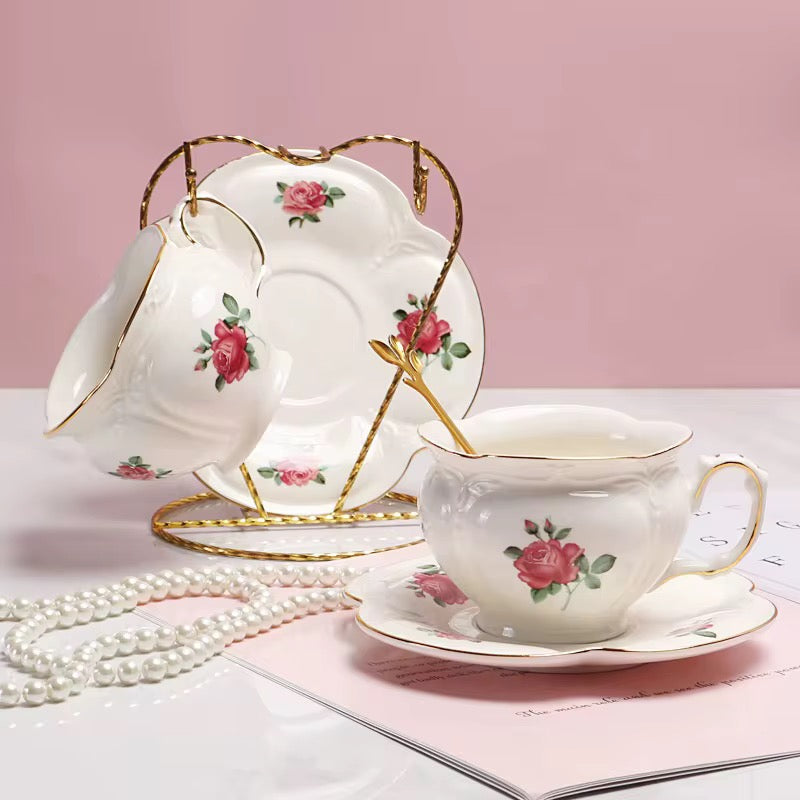 Vintage Floral Porcelain Tea Set with Teapot, Cups & Saucers and Cup Holder Frame – Elegant Afternoon Tea Collection