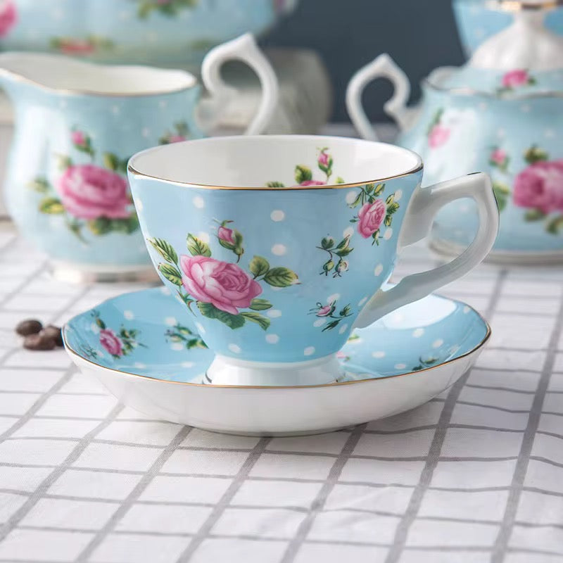 Vintage Blue Floral Porcelain Tea Set – Elegant 15-Piece English Rose Afternoon Tea Set