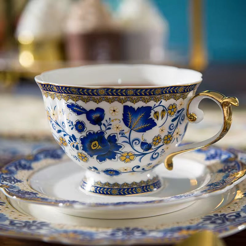 Luxury Royal Blue & Gold Floral Porcelain Tea Set – Elegant 18-Piece Vintage Afternoon Tea Set
