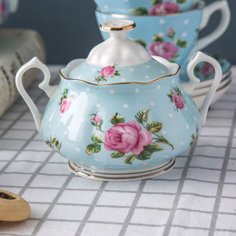 Vintage Blue Floral Porcelain Tea Set – Elegant 15-Piece English Rose Afternoon Tea Set