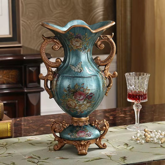 Antique-Style Blue Porcelain Vase with Golden Handles & Floral Artwork