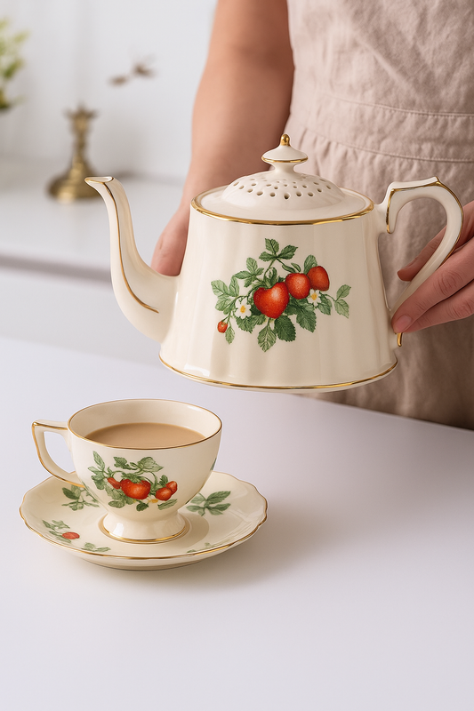 Elegant Strawberry Porcelain Tea Set – Teapot with 2 Cups & Saucers