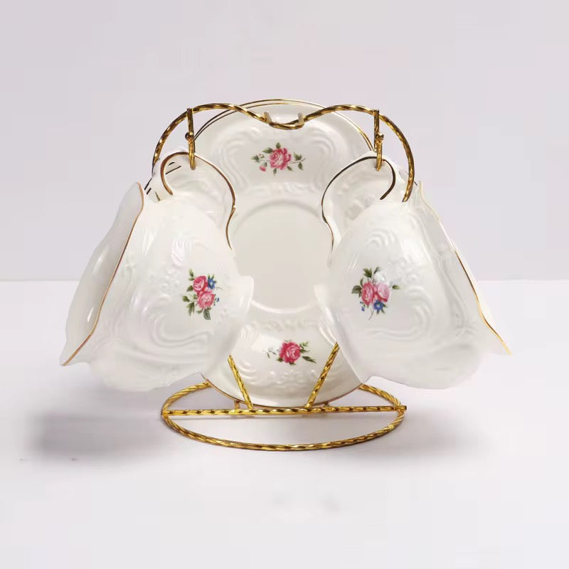 Vintage Floral Porcelain Tea Set with Teapot, Cups & Saucers and Cup Holder Frame – Elegant Afternoon Tea Collection