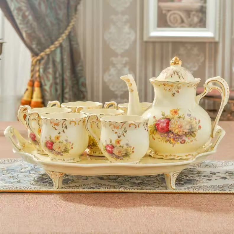 Vintage Floral Porcelain Tea Set with Serving Tray