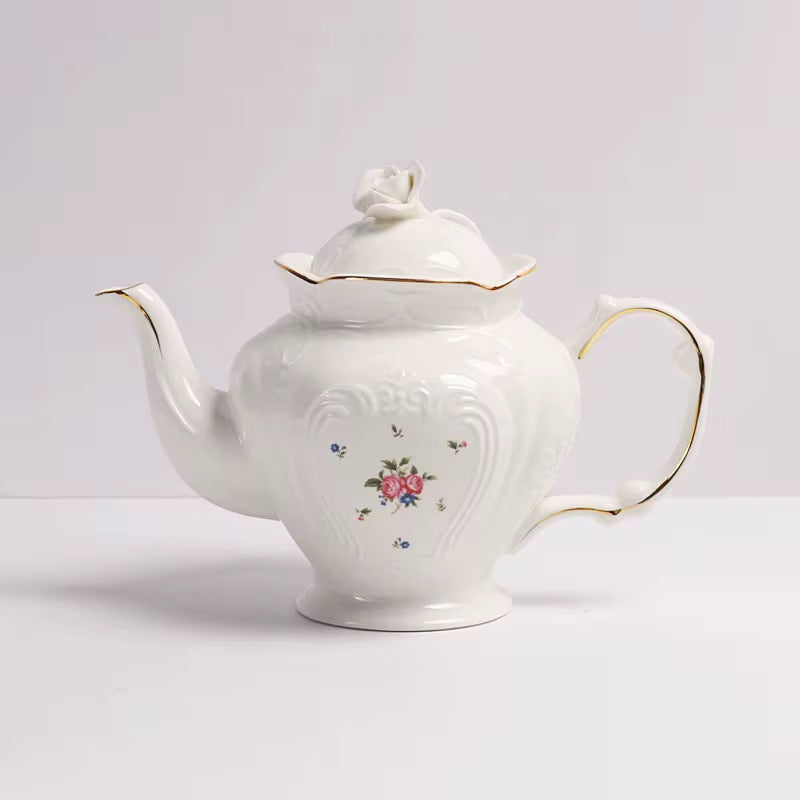 Vintage Floral Porcelain Tea Set with Teapot, Cups & Saucers and Cup Holder Frame – Elegant Afternoon Tea Collection