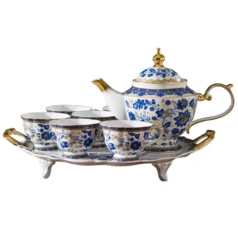 Luxury Royal Blue & Gold Floral Porcelain Tea Set – Elegant 18-Piece Vintage Afternoon Tea Set