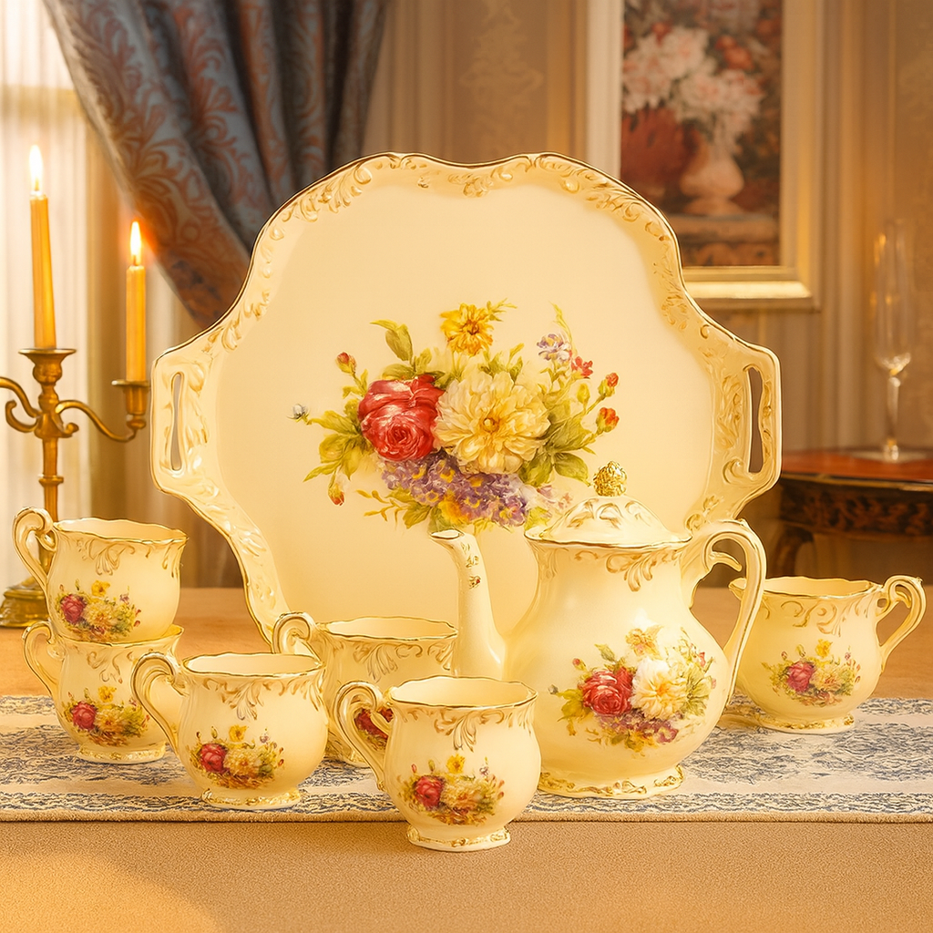 Vintage Floral Porcelain Tea Set with Serving Tray