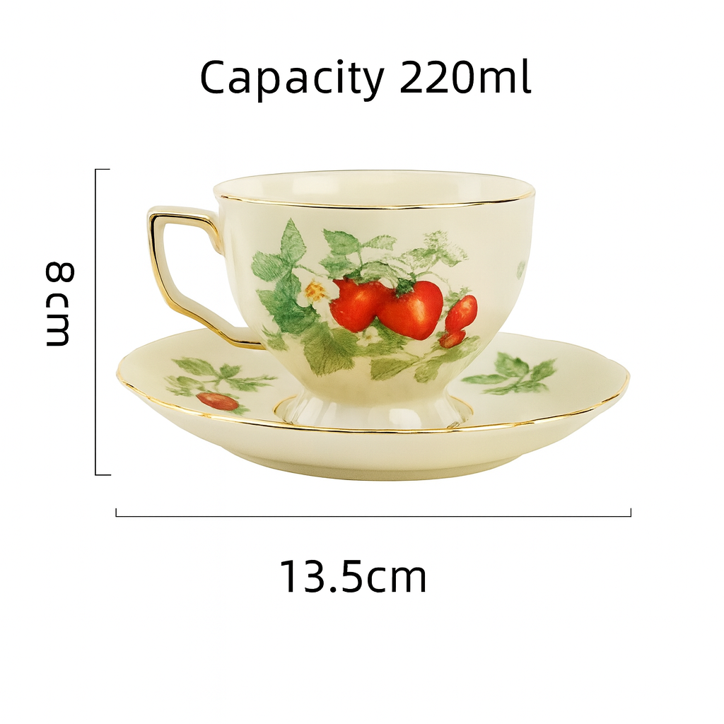 Elegant Strawberry Porcelain Tea Set – Teapot with 2 Cups & Saucers
