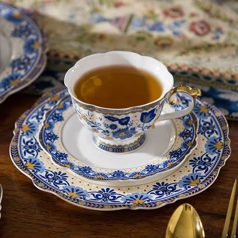 Luxury Royal Blue & Gold Floral Porcelain Tea Set – Elegant 18-Piece Vintage Afternoon Tea Set