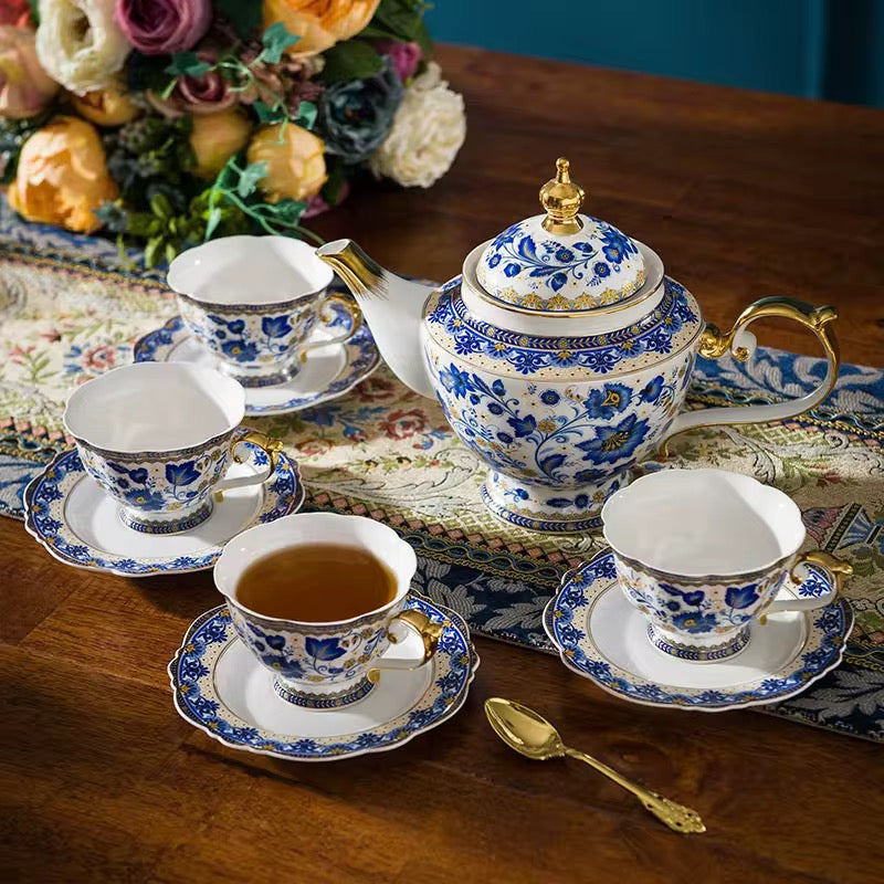 Luxury Royal Blue & Gold Floral Porcelain Tea Set – Elegant 18-Piece Vintage Afternoon Tea Set