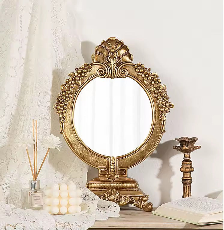 Vintage Gold Makeup Desk Mirror – Elegant Dressing Table Accent