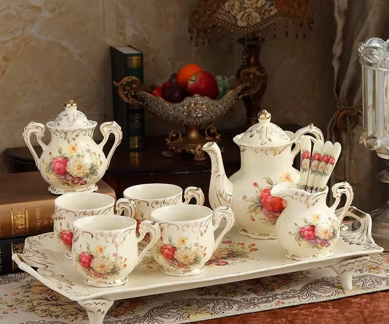 Vintage Floral Porcelain Tea Set with Serving Tray