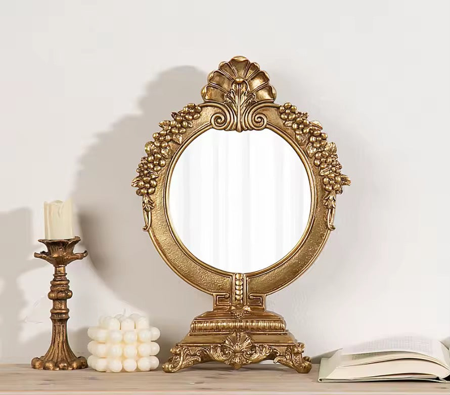 Vintage Gold Makeup Desk Mirror – Elegant Dressing Table Accent