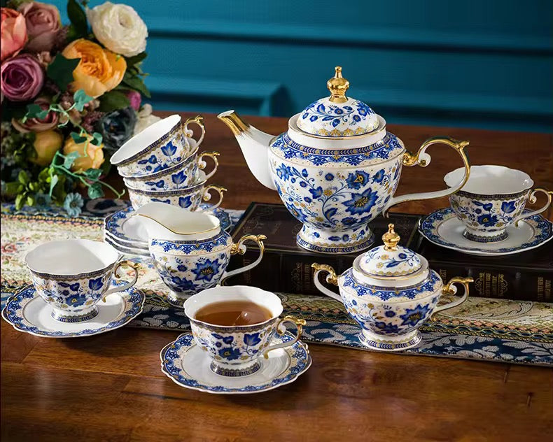 Luxury Royal Blue & Gold Floral Porcelain Tea Set – Elegant 18-Piece Vintage Afternoon Tea Set