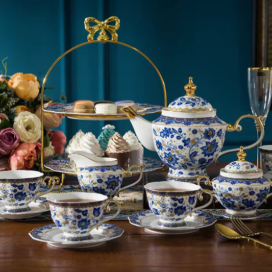 Luxury Royal Blue & Gold Floral Porcelain Tea Set – Elegant 18-Piece Vintage Afternoon Tea Set