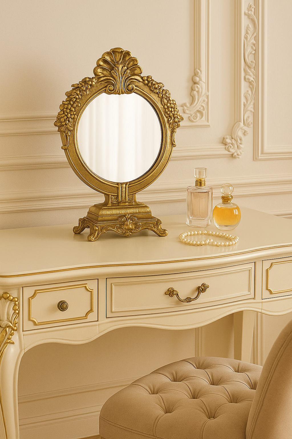 Vintage Gold Makeup Desk Mirror – Elegant Dressing Table Accent