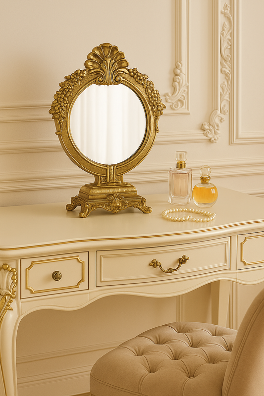 Vintage Gold Makeup Desk Mirror – Elegant Dressing Table Accent