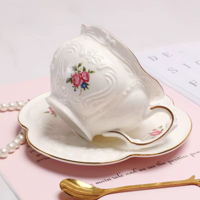 Vintage Floral Porcelain Tea Set with Teapot, Cups & Saucers and Cup Holder Frame – Elegant Afternoon Tea Collection