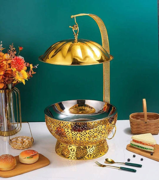 Golden Ornate 8L Chafing Dish with free Spoon & Holder – Elegant Buffet & Catering Food Warmer               (Next stock available in 4 weeks-please contact us for pre-order)