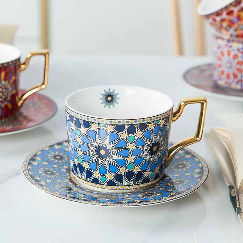 Moroccan Mosaic Coffee Cup & Saucer Set with Gold Handle (6 piece set)