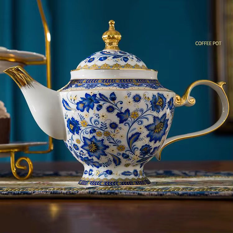 Luxury Royal Blue & Gold Floral Porcelain Tea Set – Elegant 18-Piece Vintage Afternoon Tea Set