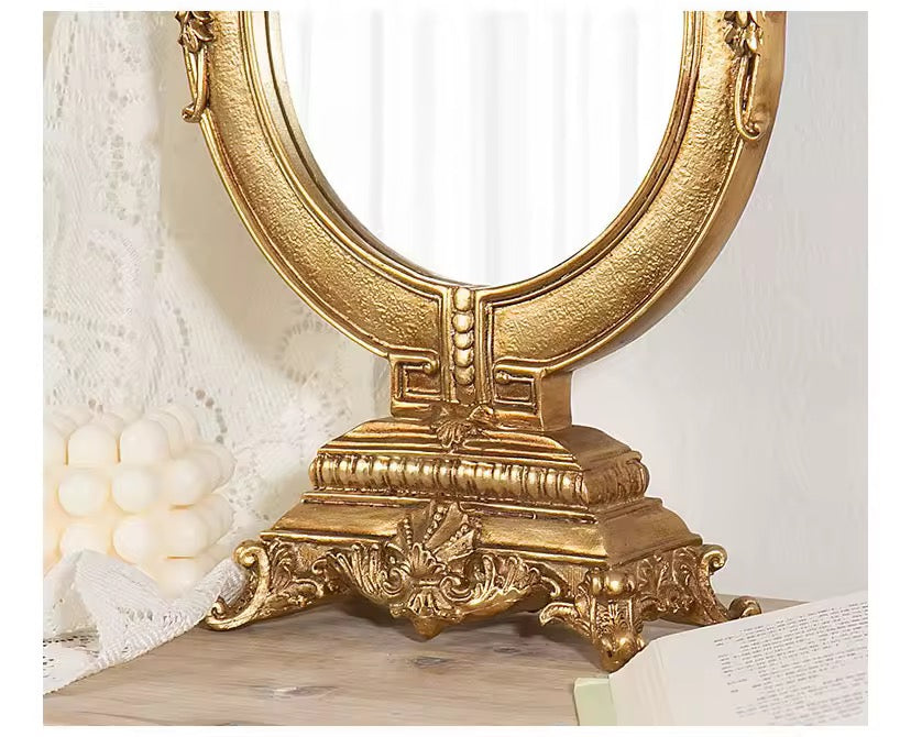 Vintage Gold Makeup Desk Mirror – Elegant Dressing Table Accent