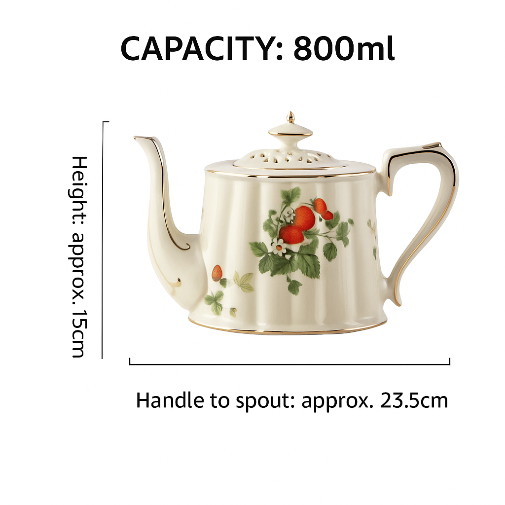 Elegant Strawberry Porcelain Tea Set – Teapot with 2 Cups & Saucers