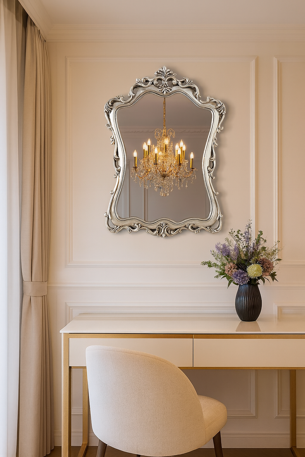 Baroque Elegance: Ornate Vintage Silver Wall Mirror