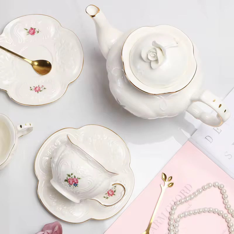 Vintage Floral Porcelain Tea Set with Teapot, Cups & Saucers and Cup Holder Frame – Elegant Afternoon Tea Collection
