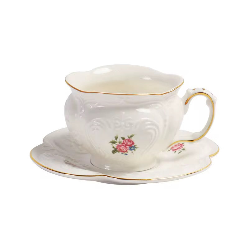Vintage Floral Porcelain Tea Set with Teapot, Cups & Saucers and Cup Holder Frame – Elegant Afternoon Tea Collection