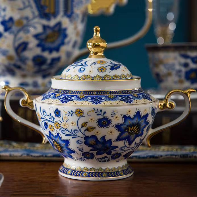 Luxury Royal Blue & Gold Floral Porcelain Tea Set – Elegant 18-Piece Vintage Afternoon Tea Set