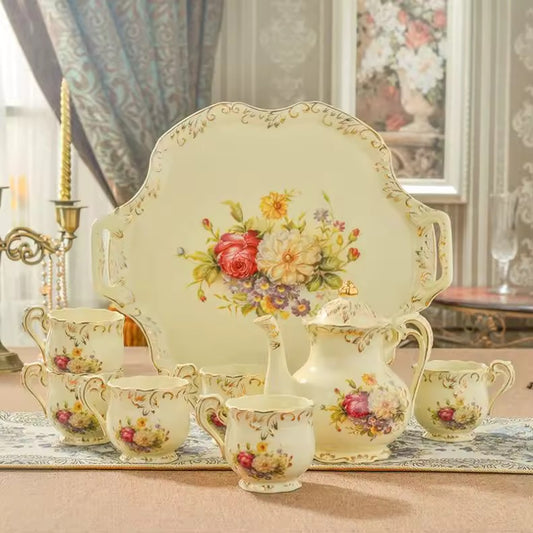 Vintage Floral Porcelain Tea Set with Serving Tray