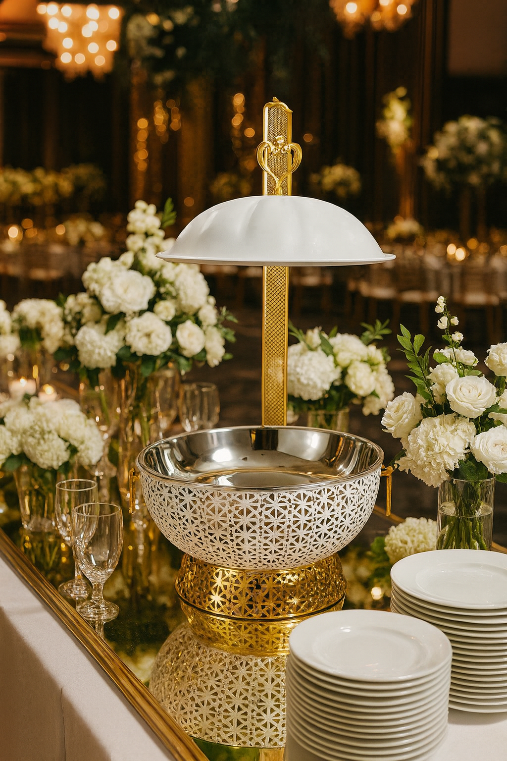 White & Gold Ornate 8L Chafing Dish with Free Spoon and Holder-Elegant Food Warmer                                 (Next stock available in about 4 weeks-please contact us for pre-order)