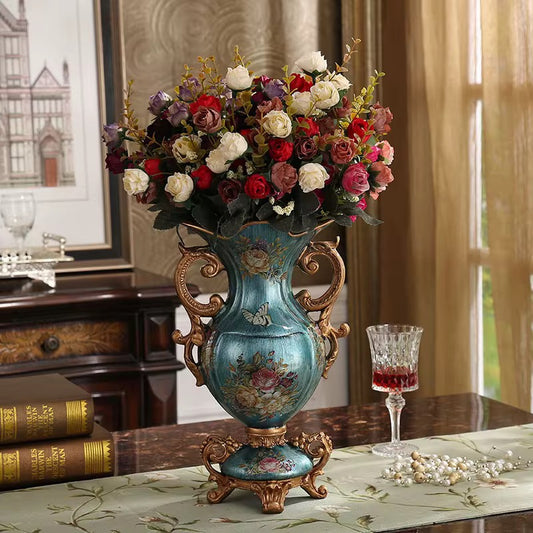 Antique-Style Blue Porcelain Vase with Golden Handles & Floral Artwork