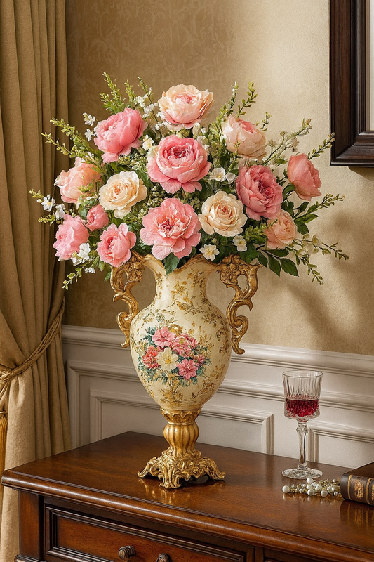 Elegant European-Style Porcelain Vase with Golden Accents & Floral Design