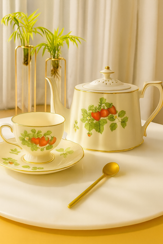 Elegant Strawberry Porcelain Tea Set – Teapot with 2 Cups & Saucers