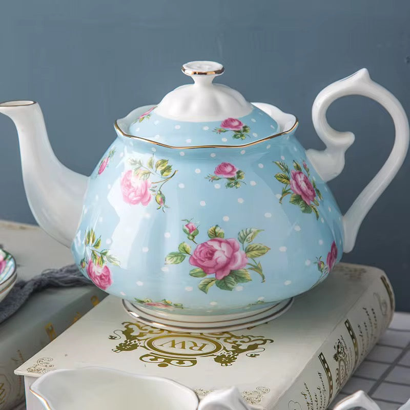 Vintage Blue Floral Porcelain Tea Set – Elegant 15-Piece English Rose Afternoon Tea Set