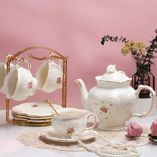 Vintage Floral Porcelain Tea Set with Teapot, Cups & Saucers and Cup Holder Frame – Elegant Afternoon Tea Collection