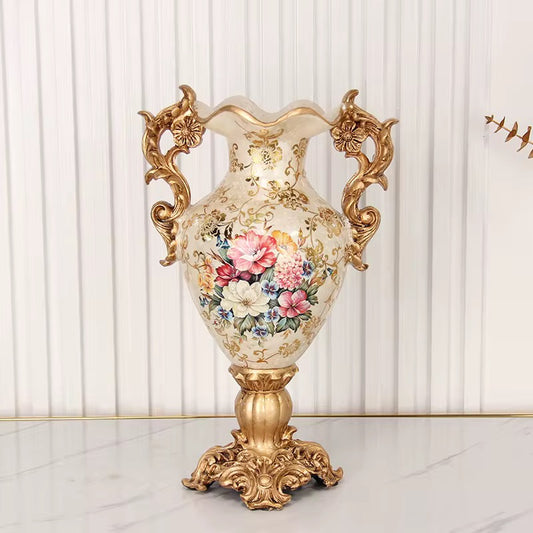 Elegant European-Style Porcelain Vase with Golden Accents & Floral Design
