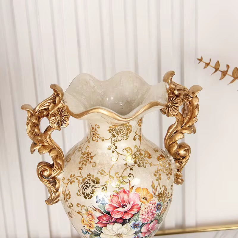 Elegant European-Style Porcelain Vase with Golden Accents & Floral Design