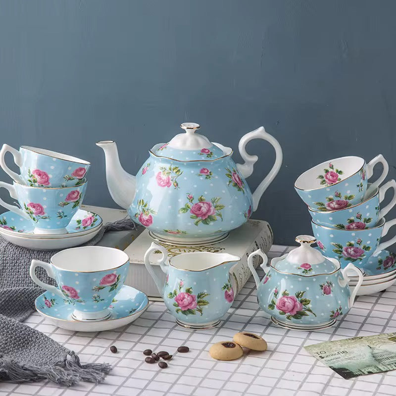 Vintage Blue Floral Porcelain Tea Set – Elegant 15-Piece English Rose Afternoon Tea Set