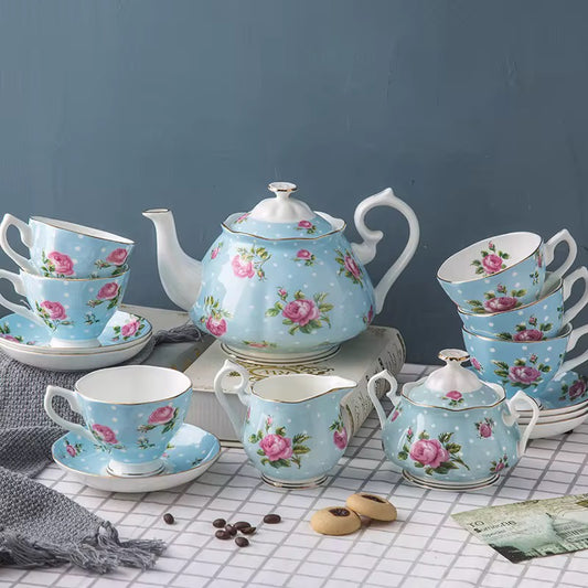 Vintage Blue Floral Porcelain Tea Set – Elegant 15-Piece English Rose Afternoon Tea Set