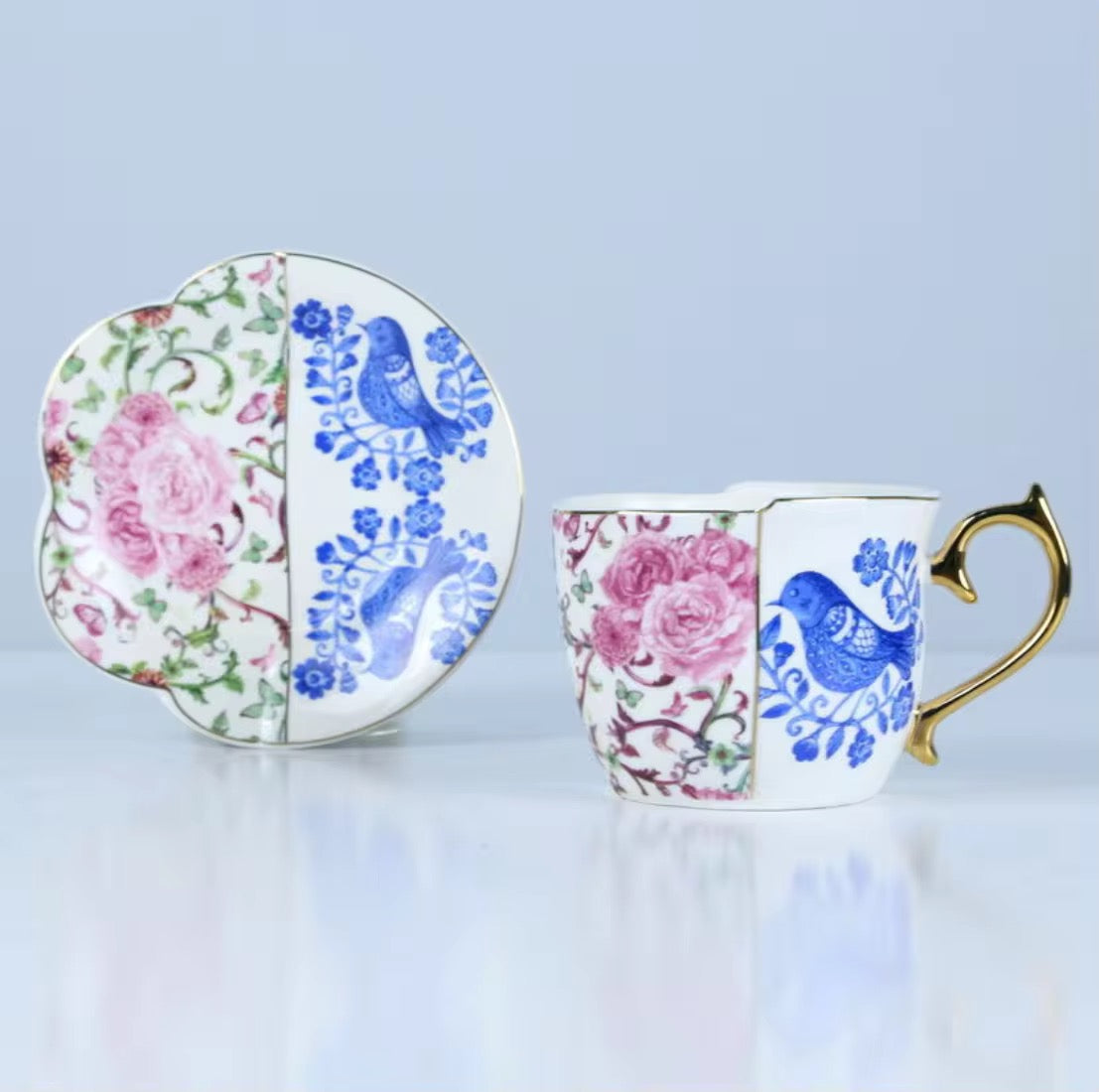 ✨ Vintage Patchwork Floral Tea Cup & Saucer Set (4 Cups + 4 Saucers + 4 Gold Spoons) ✨