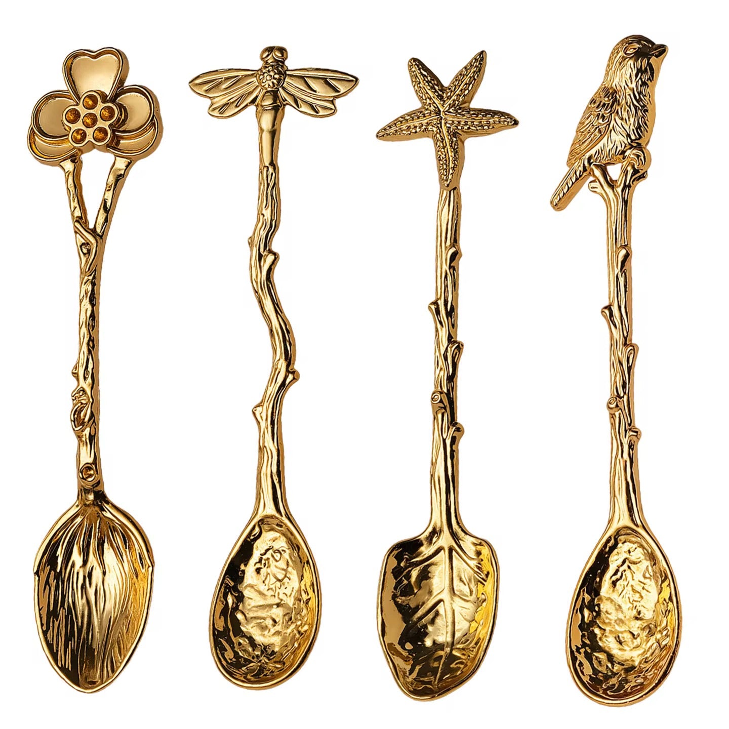 Vintage-Inspired Gold Teaspoon Set –Bird, Flower & Nature Motif Cutlery (12 pcs)