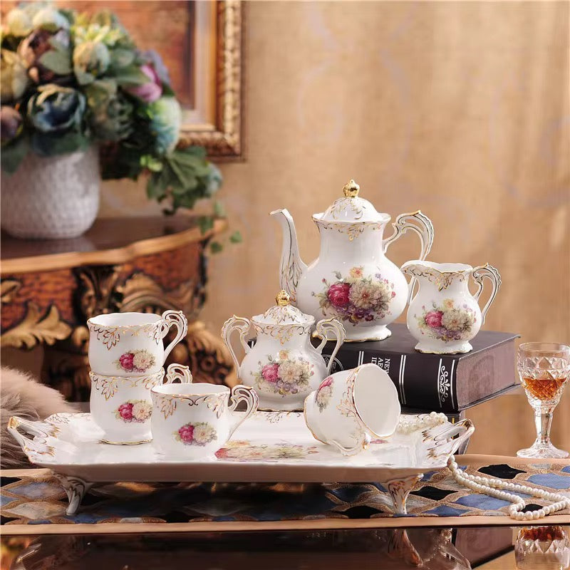 Vintage Floral Porcelain Tea Set with Serving Tray