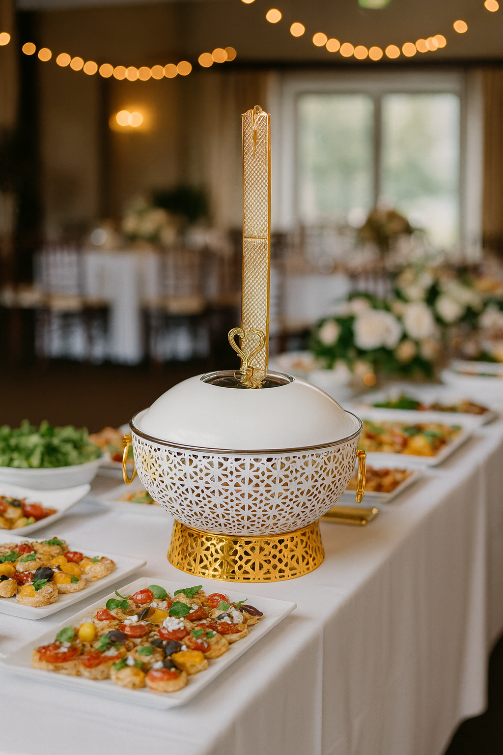White & Gold Ornate 8L Chafing Dish with Free Spoon and Holder-Elegant Food Warmer
