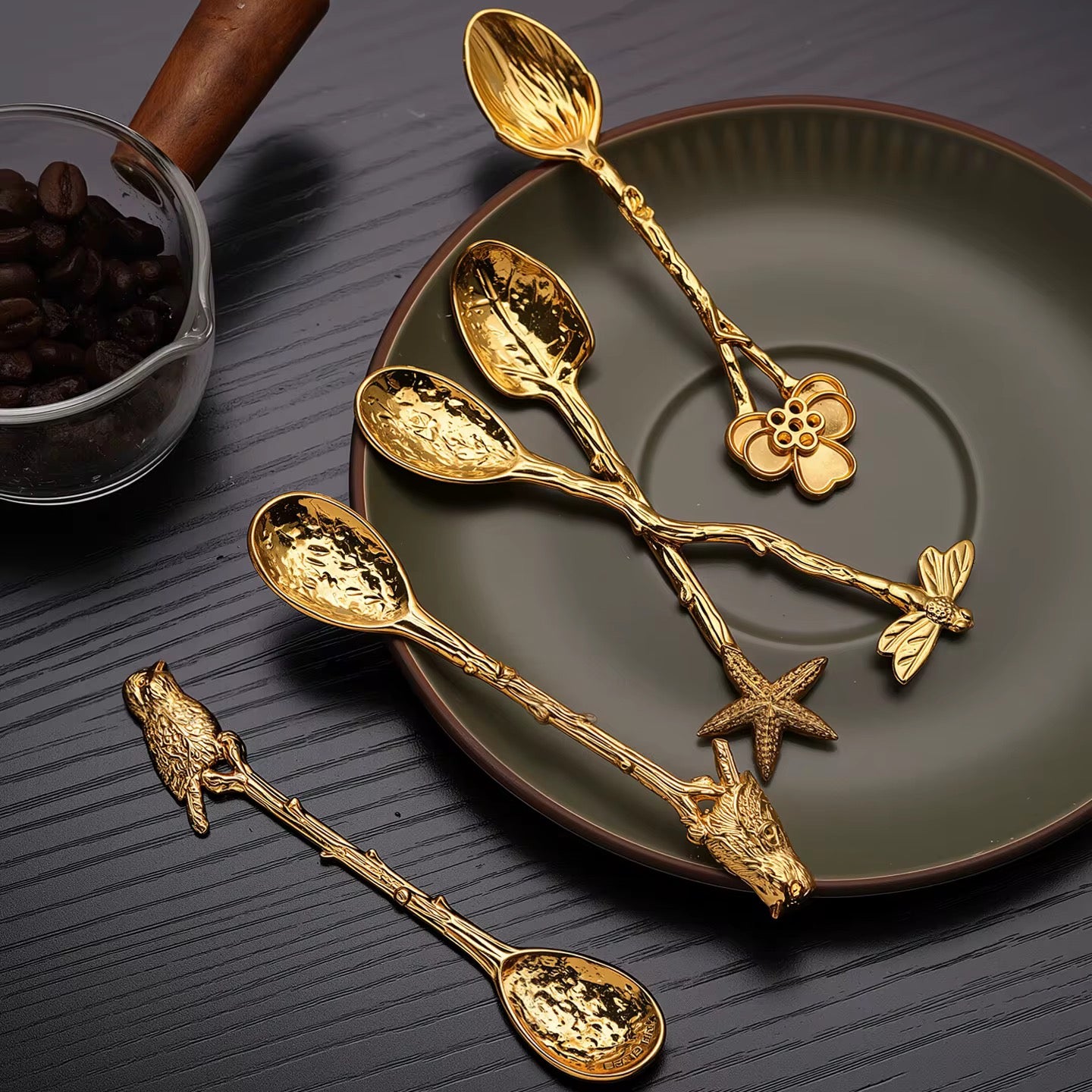 Vintage-Inspired Gold Teaspoon Set –Bird, Flower & Nature Motif Cutlery (12 pcs)
